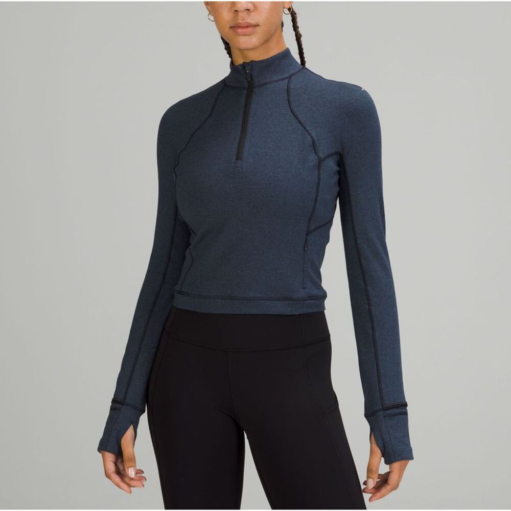 Lululemon Its Rulu Run Cropped Half Zip Top Heathered Blue 6